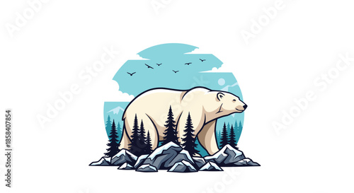Powerful polar bear walks through a dark pine forest with mountains and a moon in the background creating a cold wilderness scene.