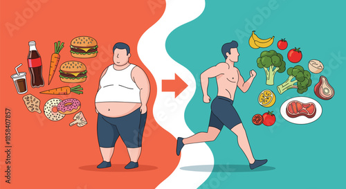 Comparison of a man's transformation from being overweight with junk food to a fit runner with healthy organic foods and exercise.