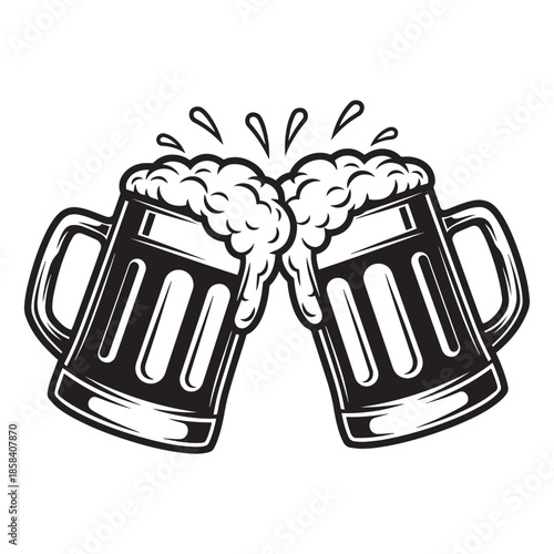 Two beer mugs clinking together in a celebratory toast silhouette