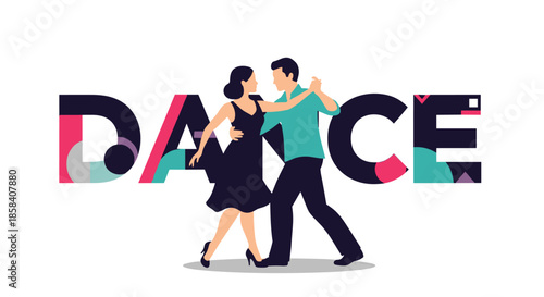 Silhouette of a man and woman performing a dance in front of large colorful letters spelling the word dance on a white background.