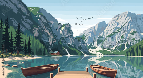 Beautiful mountain lake scene with two wooden boats docked at a pier and a small cabin nestled among tall pine trees.