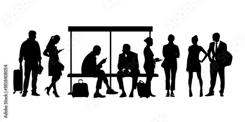 People Waiting at Bus Stop Silhouette Vector with Commuters and Bench