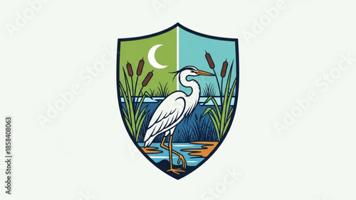 Heron bird in wetland with reeds and moon nature emblem for conservation or tourism vector illustration on white