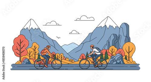 Two cyclists with backpacks riding mountain bikes along a scenic road through high mountains and colorful autumn forests.