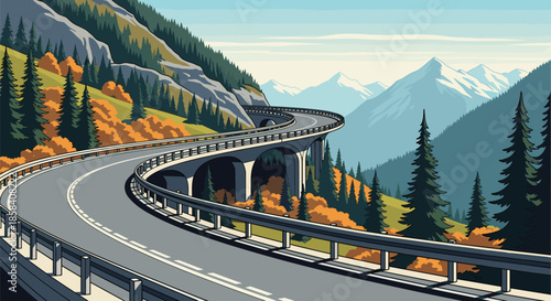 Winding highway bridge snakes through a scenic mountain pass with dense pine forests and snow-capped peaks in the background.