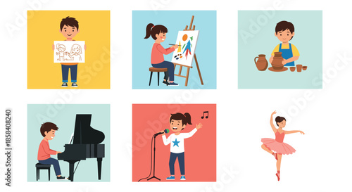 Collection of scenes showing talented children engaged in painting, pottery, piano, singing, and ballet dancing for their hobbies.