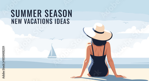 Woman in a sun hat and swimsuit sits on a sandy beach looking out at a sailboat on the calm ocean during her summer vacation.