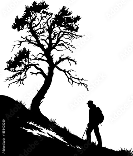 Hiker Silhouette on Slope – Black and White Outdoor Adventure Art