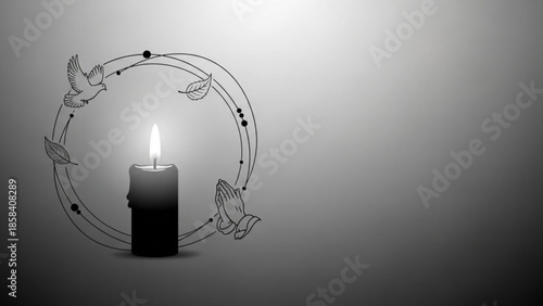 Burning candle with doves and leaves in a circle symbolizing peace and remembrance for funeral or memorial graphic design
