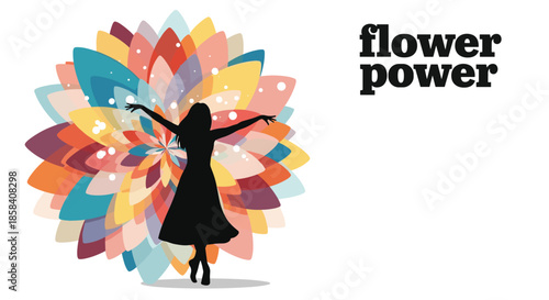 Silhouette of a woman standing with open arms in front of a giant colorful flower mandala pattern for a flower power message.