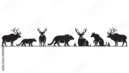 Silhouettes of various wild animals including deer and bear on transparent background