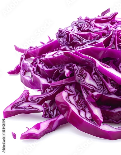 Sliced red cabbage pile, showcasing vibrant purple leaves with intricate patterns