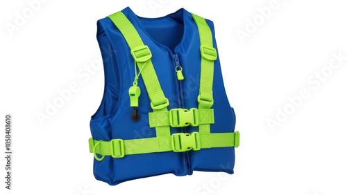 Fotografía Isolated blue life jacket with fluorescent green straps and buckle for kids safe