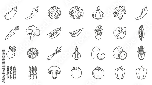 Collection of minimalist line icons of fruits and vegetables
