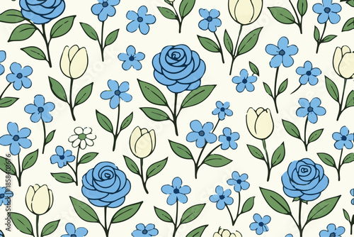 Blue_Rose_Cream_Tulip_Minimalist_Floral_Pattern