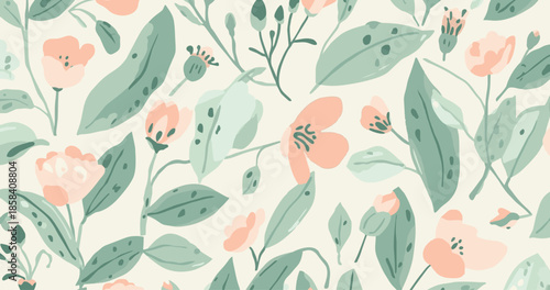 Minimalist_Peach_Floral_Mint_Leaf_Seamless_Pattern