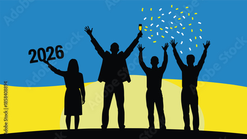 Silhouettes of people celebrating with 2026 and confetti