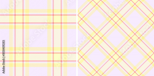 Plaid tartan pattern of vector seamless textile with a fabric check texture background. Set in summer colors for custom geometry in multicolored fashion.