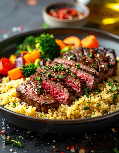 Sliced steak rests on quinoa, with carrots and broccoli on a dark plate against a gray textured background