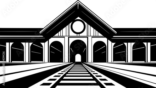 Abstract Geometric Station
An abstract geometric illustration of a train station with a gabled roof, arched openings, circular focal point, and perspective railway tracks, rendered in stark black and 