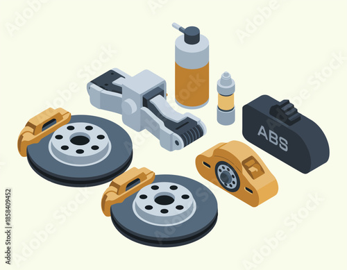 Isometric car parts including brake discs, calipers, fluid, and abs module