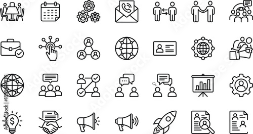 Business communication and teamwork line icons set featuring collaboration, networking, meetings and management symbols isolated on white background