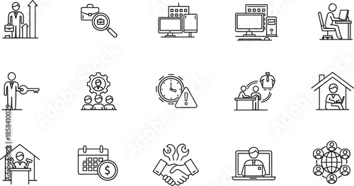 Remote work and business management line icons set featuring office tasks, teamwork, scheduling and digital workplace concepts isolated on white background