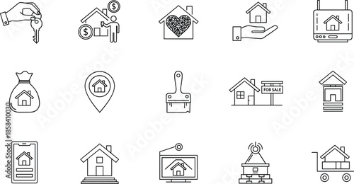 Real estate and property line icons set featuring home buying, selling, mortgage, rental and housing services isolated on white background