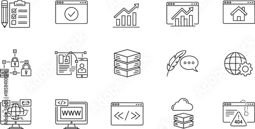 Web development and business analytics line icons set featuring growth charts, coding, security, cloud and digital management symbols isolated on white background