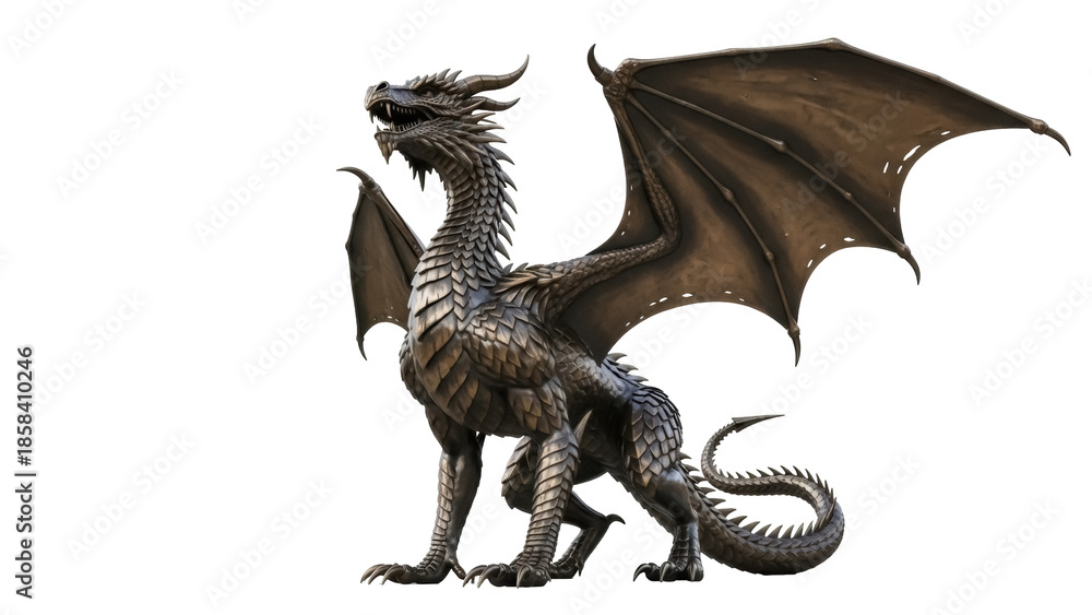 Obraz premium Isolated Dragon, Metallic Sculpture with Open Mouth and Spiked Tail, Fantasy Beast