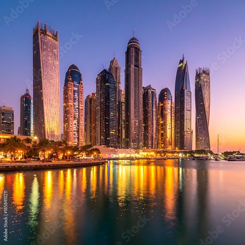 Skyline with towering structures at sunset. Reflected light shimmers in the water. Hues of orange, purple, and blue dominate