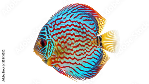 Fotografie Isolated vibrant colorful discus fish swimming, a tropical aquarium pet, colorfu