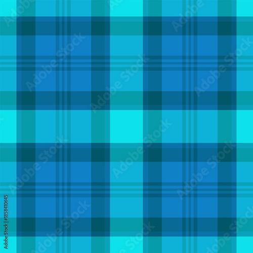 Vibrant plaid pattern in shades of blue and turquoise. A cool and calming design perfect for backgrounds, textiles, or digital design projects requiring a modern touch.