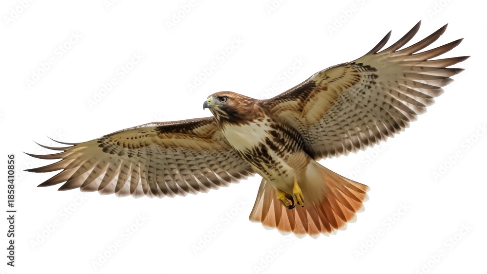 Fototapeta premium Isolated Red-Tailed Hawk flying predator with outstretched wings and plumage patterns