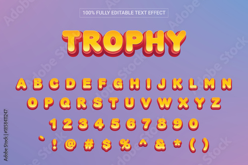Trophy Text Font 3D Style Effect. Complete Set of Alphabet, Number and Symbol For Mobile Game and Fun Zone.