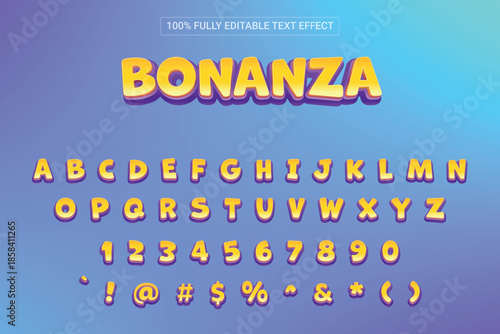 Bonanza Text Font 3D Style Effect. Complete Set of Alphabet, Number and Symbol For Mobile Game and Fun Zone.
