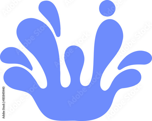 A blue handprint with droplets splashing upwards on a white background