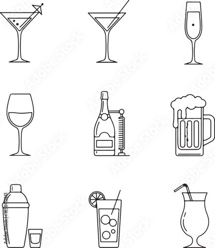 Collection of Nine Outline Icons of Alcoholic Beverages and Barware