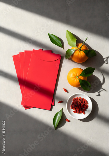 Chinese New Year Red Envelopes Flat Lay with Oranges