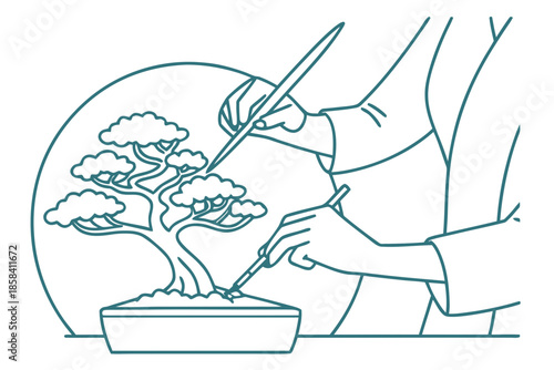 Minimalist flat vector illustration of an artisan meticulously pruning a bonsai tree in a pot