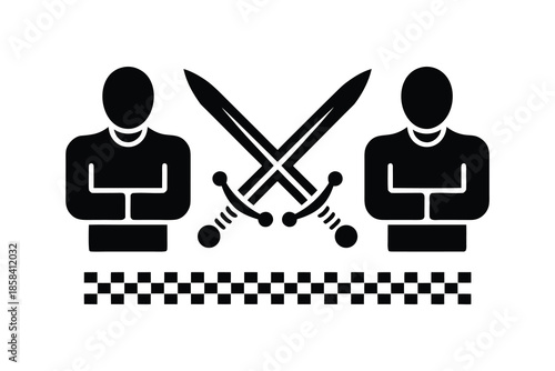 Competition symbol with person silhouettes and medieval crossed swords
