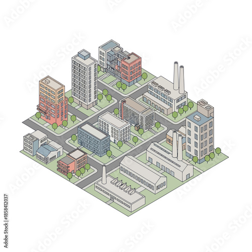 Isometric Cityscape with Industrial and Residential Buildings.