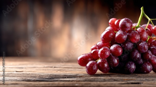 A vibrant cluster of fresh red grapes rests on a rustic wooden surface, capturing the essence of freshness, nature, and healthy eating in a creative composition.
