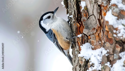 Small bird clings to snowy tree bark, with a soft, blurred background of wintery whites and grays