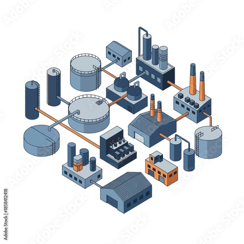 Industrial Complex with Tanks and Pipes.