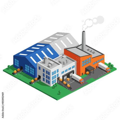 Industrial Factory Building with Trucks and Chimney.