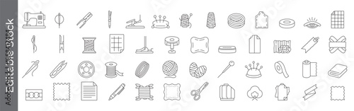 Sewing and tailoring tools line icon set – editable outline symbols of sewing machine, needle, thread, scissors, yarn and fabric
