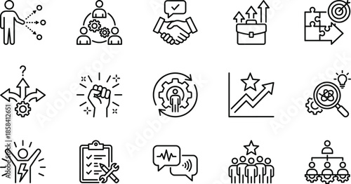 Business leadership strategy line icons set, teamwork management decision making growth success minimal outline vector for corporate apps design