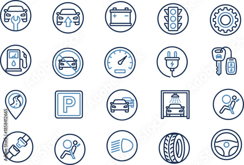 Car service automotive line icons set, vehicle maintenance electric charging safety dashboard minimal outline vector for auto apps design
