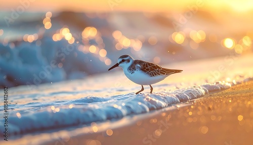 Small bird on sandy beach at dawn, facing right as waves crash in a soft, warm, golden light